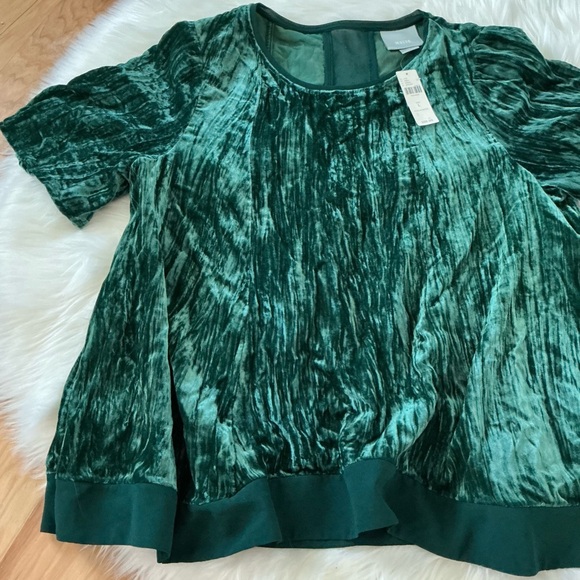 NWT Maeve Anthropologie Emerald Velvet Short Sleeve Blouse Size Large - Picture 4 of 8